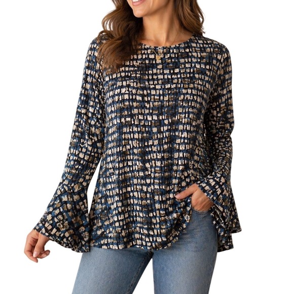 Susan Graver Tops - Susan Graver Blue Geometric Block Print Tunic Ruched Flared Sleeves Size 1X